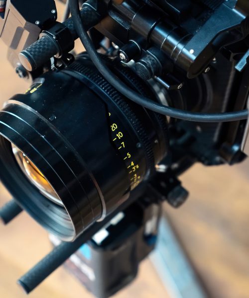 Professional movie camera lens on a movie set